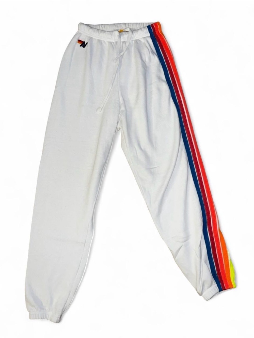 Aviator Nation White Jogger Pants with Rainbow Stripes